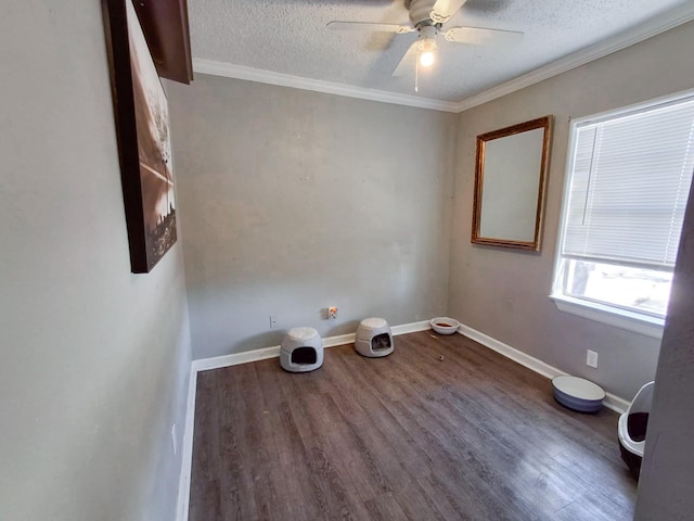 interior space with ceiling fan, crown molding, wood-type flooring, and a textured ceiling