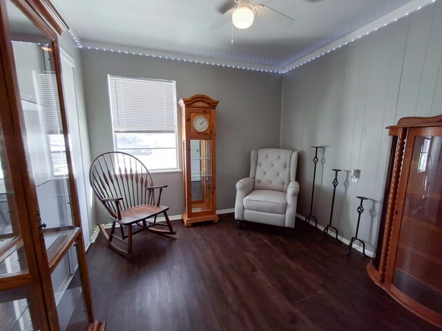 living area with dark hardwood / wood-style floors and ceiling fan