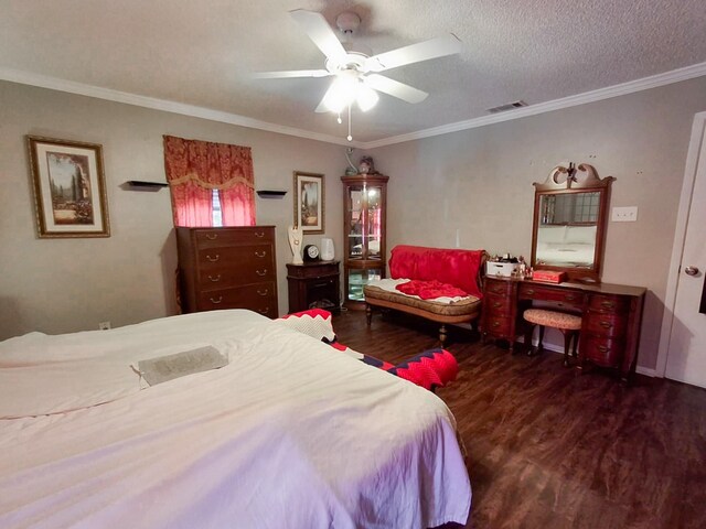 bedroom featuring a textured ceiling, crown molding, ceiling fan, and dark wood-type flooring