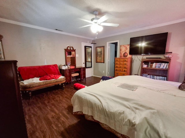 bedroom with a textured ceiling, ceiling fan, dark hardwood / wood-style flooring, and crown molding