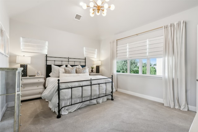 carpeted bedroom with visible vents, baseboards, and a chandelier