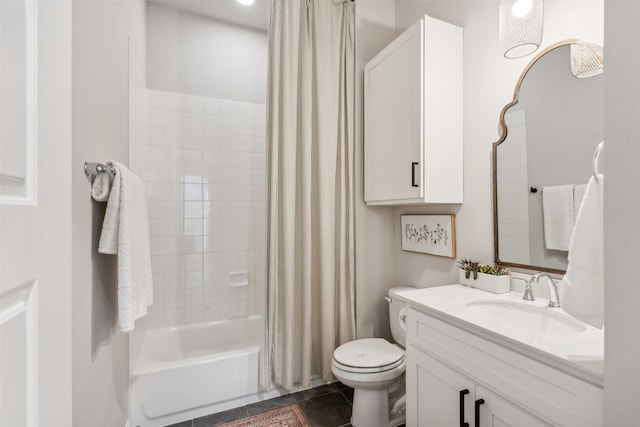 full bathroom with tile patterned floors, shower / tub combo with curtain, toilet, and vanity