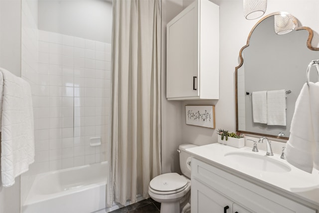 bathroom with vanity, shower / bath combination with curtain, toilet, and tile patterned flooring