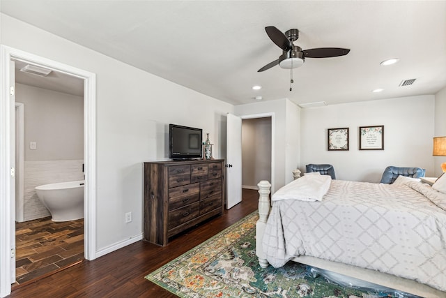 bedroom featuring dark wood-type flooring, connected bathroom, and ceiling fan