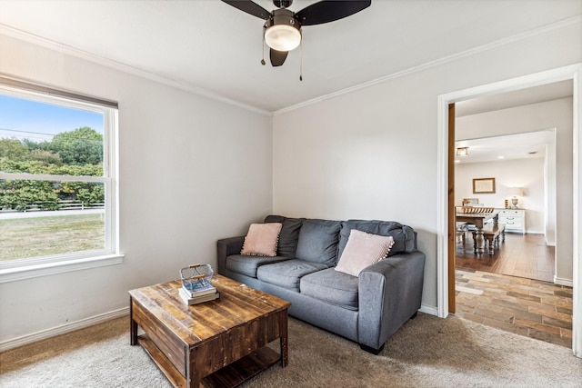 living room with ceiling fan, carpet floors, and ornamental molding