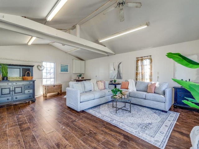 living room featuring ceiling fan, vaulted ceiling with beams, plenty of natural light, and dark wood-type flooring