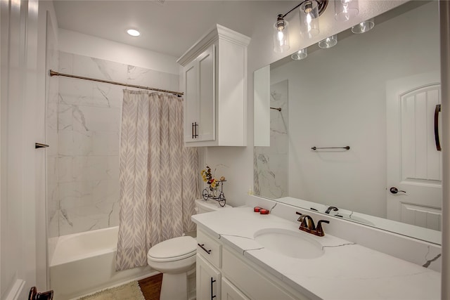 full bathroom with vanity, shower / bath combination with curtain, wood-type flooring, and toilet