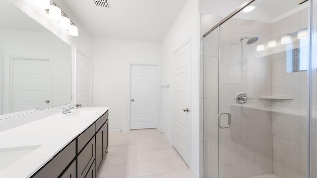 bathroom featuring tile patterned flooring, vanity, and a shower with shower door