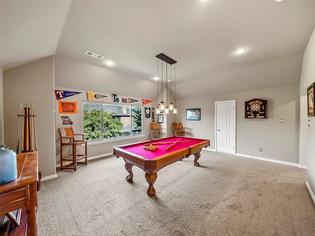 recreation room featuring lofted ceiling, billiards, and carpet floors