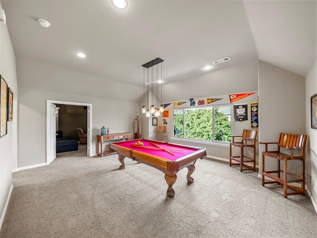 rec room featuring vaulted ceiling, light carpet, and billiards