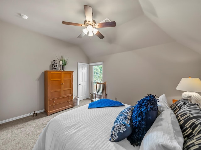 carpeted bedroom featuring ceiling fan and lofted ceiling