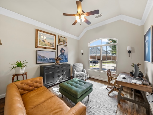 office space with vaulted ceiling, ceiling fan, and crown molding