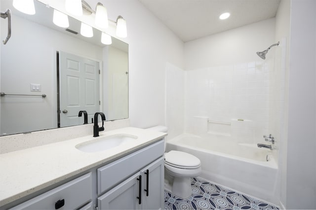 bathroom with toilet, shower / tub combination, tile patterned floors, vanity, and recessed lighting