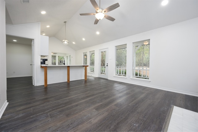 unfurnished living room featuring ceiling fan, recessed lighting, visible vents, baseboards, and dark wood-style floors