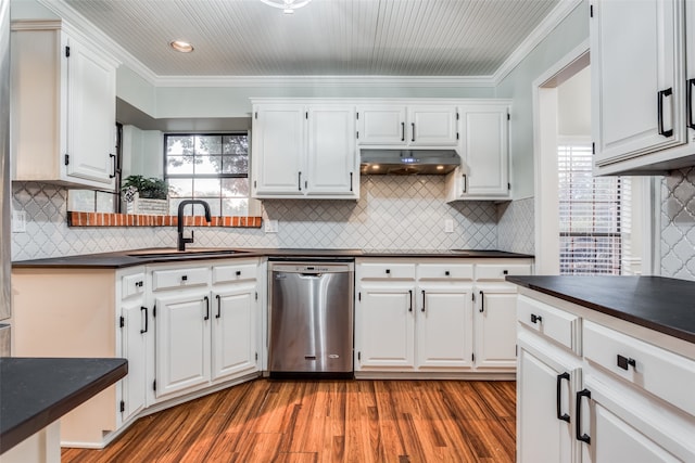 kitchen with stainless steel dishwasher and white cabinets