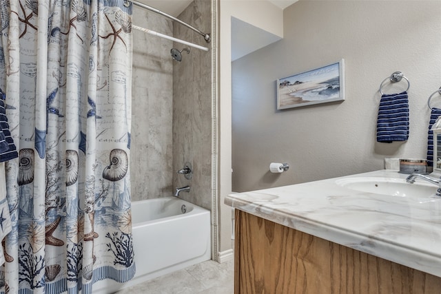 bathroom with vanity, tile patterned floors, and shower / bathtub combination with curtain