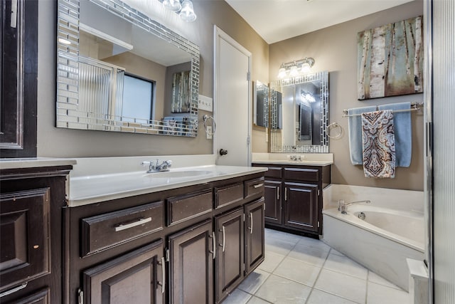 bathroom with vanity, plus walk in shower, and tile patterned flooring