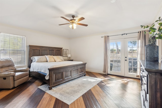 bedroom featuring access to outside, french doors, crown molding, dark hardwood / wood-style flooring, and ceiling fan