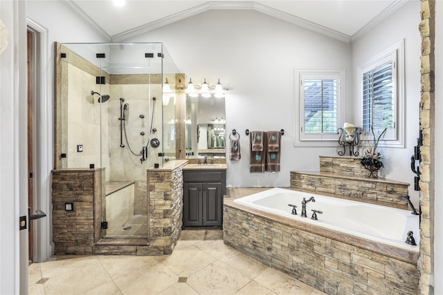 bathroom featuring plus walk in shower, vaulted ceiling, vanity, ornamental molding, and tile patterned flooring