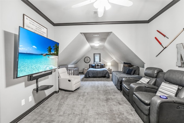 bedroom with light carpet, lofted ceiling, ornamental molding, and ceiling fan