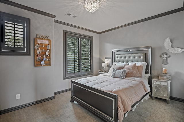 carpeted bedroom with ornamental molding and multiple windows