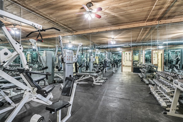 workout area featuring wood ceiling and ceiling fan