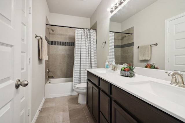 full bathroom featuring vanity, shower / tub combo, toilet, and tile patterned flooring