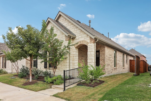 view of side of property with a lawn