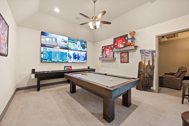 rec room with light carpet, billiards, and ceiling fan