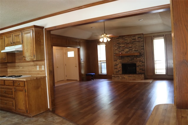 kitchen featuring white gas stovetop, a textured ceiling, dark wood-type flooring, and vaulted ceiling