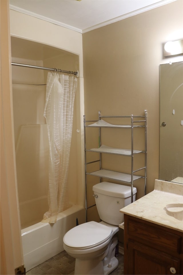 full bathroom with vanity, shower / tub combo, crown molding, and toilet