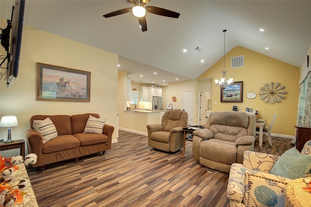 living room with sink, vaulted ceiling, dark hardwood / wood-style flooring, and ceiling fan with notable chandelier