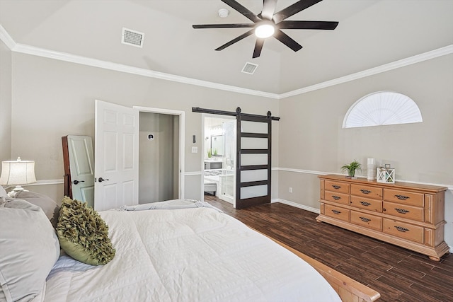 bedroom with dark wood-style floors, visible vents, lofted ceiling, ornamental molding, and a barn door