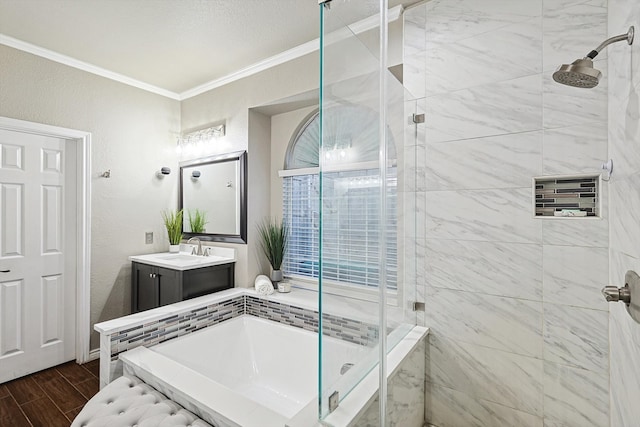 full bathroom featuring vanity, wood tiled floor, a shower stall, and crown molding