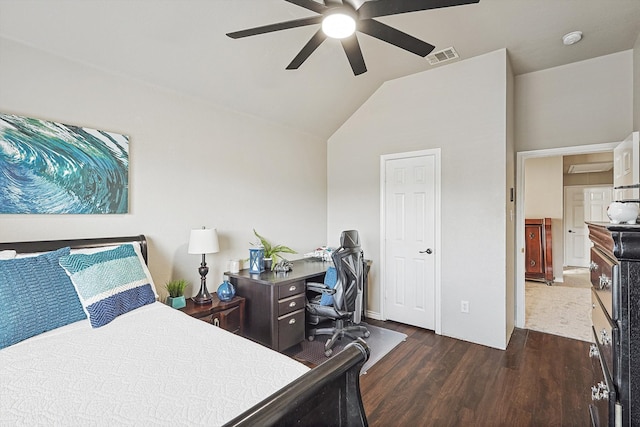 bedroom with vaulted ceiling, dark hardwood / wood-style floors, and ceiling fan