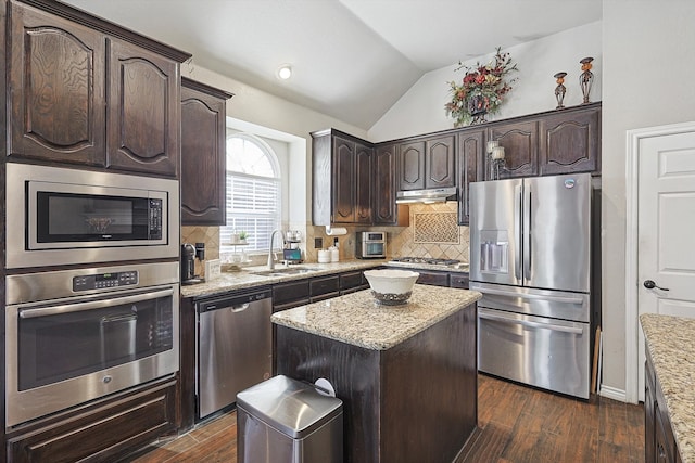 kitchen featuring a sink, stainless steel appliances, dark brown cabinetry, and vaulted ceiling