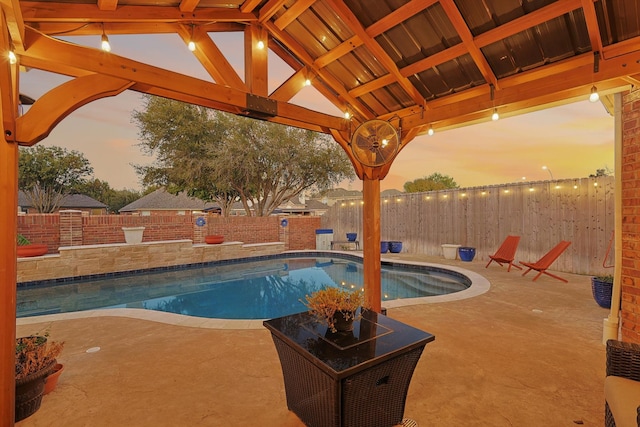 view of pool with a gazebo, a fenced in pool, a patio, and a fenced backyard