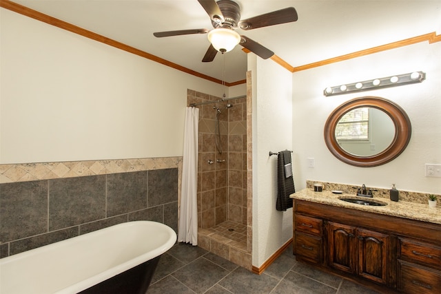 bathroom featuring tile patterned floors, ceiling fan, ornamental molding, and shower with separate bathtub