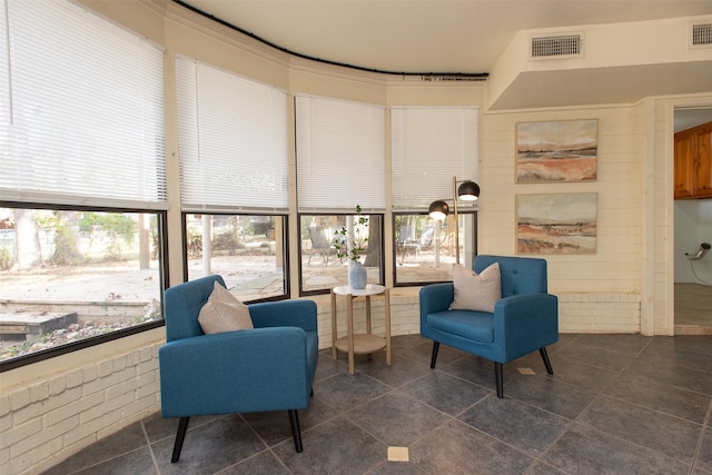 sitting room with dark tile patterned floors and a wealth of natural light