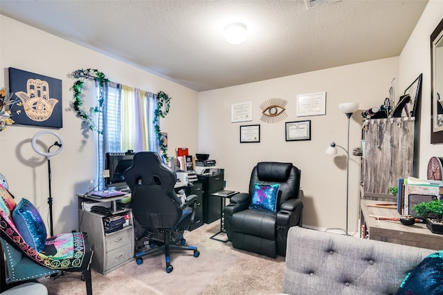 office space with a textured ceiling and light colored carpet