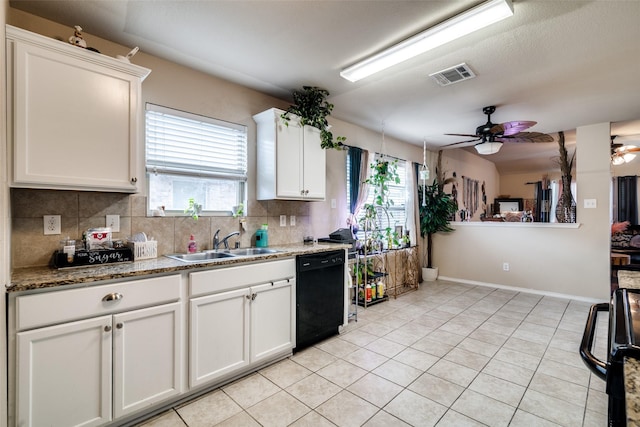 2209 Torch Lake Dr, Forney, TX 75126 - kitchen featuring visible vents, a healthy amount of sunlight, ceiling fan, a sink, and dishwasher