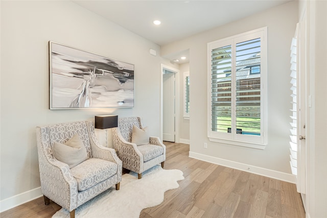 sitting room with light wood-type flooring and plenty of natural light