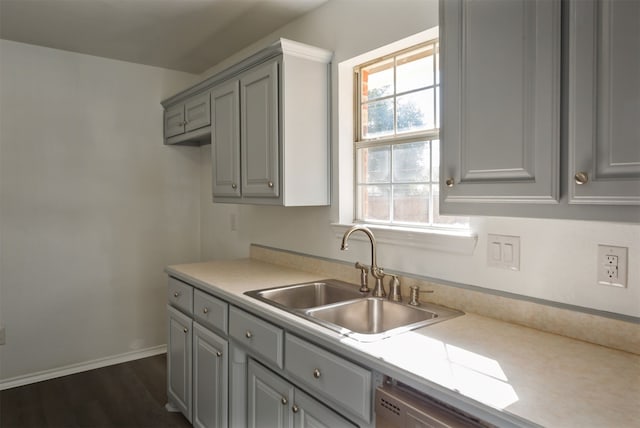 kitchen featuring dark hardwood / wood-style flooring, sink, and gray cabinetry