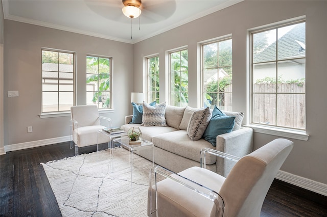 living room with dark wood-type flooring, ceiling fan, and ornamental molding