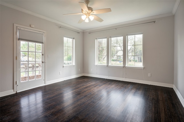 unfurnished room with ornamental molding, ceiling fan, and dark hardwood / wood-style flooring