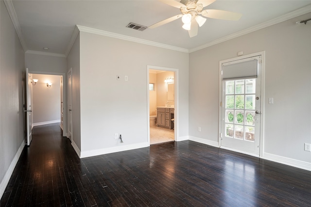 empty room with crown molding, dark hardwood / wood-style floors, and ceiling fan