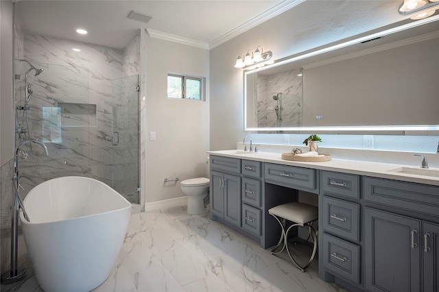 full bathroom with vanity, crown molding, shower with separate bathtub, and toilet