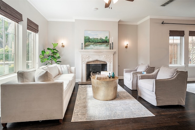 living room with dark wood-type flooring, crown molding, and plenty of natural light