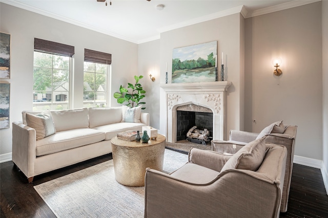 living room featuring ornamental molding, a fireplace, and dark hardwood / wood-style floors