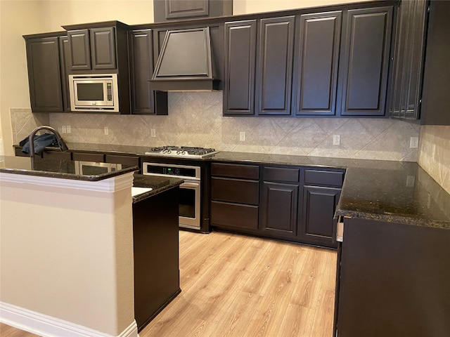 kitchen featuring custom exhaust hood, light hardwood / wood-style flooring, stainless steel appliances, and tasteful backsplash